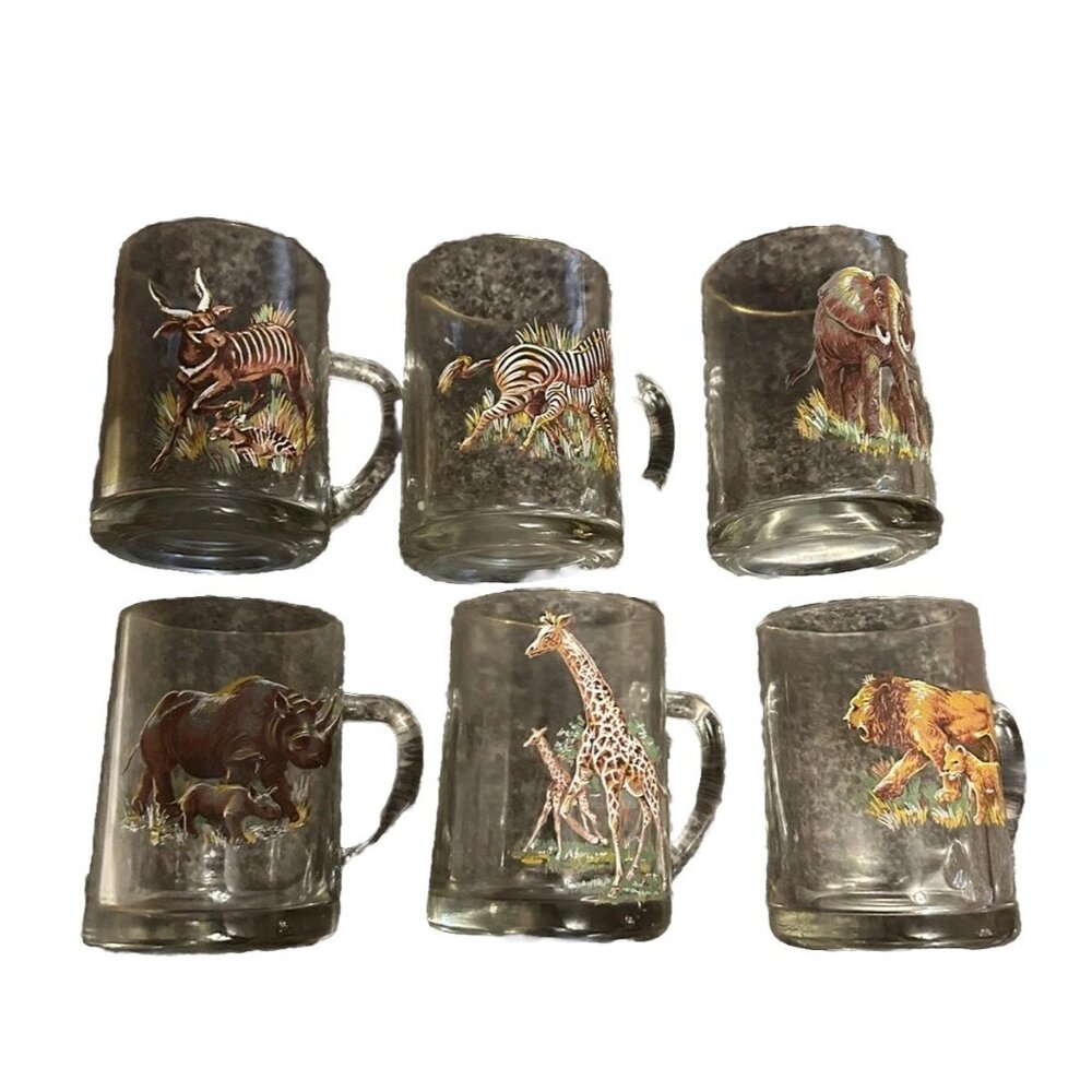 1960S Glass Beer Mug Set 4 with Animals Painted Coffee Cup 4.5”T 3.25”W